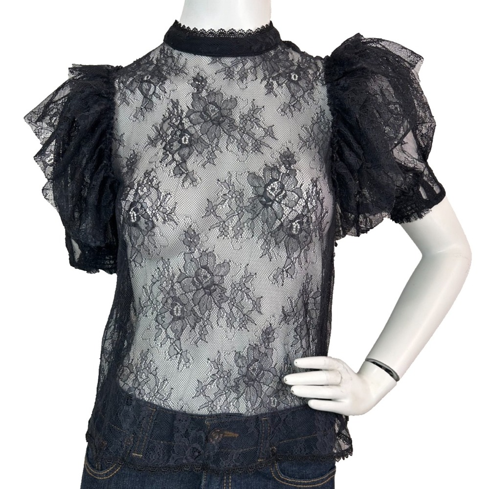 Free People Secret Admirer Black Lace Blouse Ruffle Puff Sleeve Goth Whimsigoth